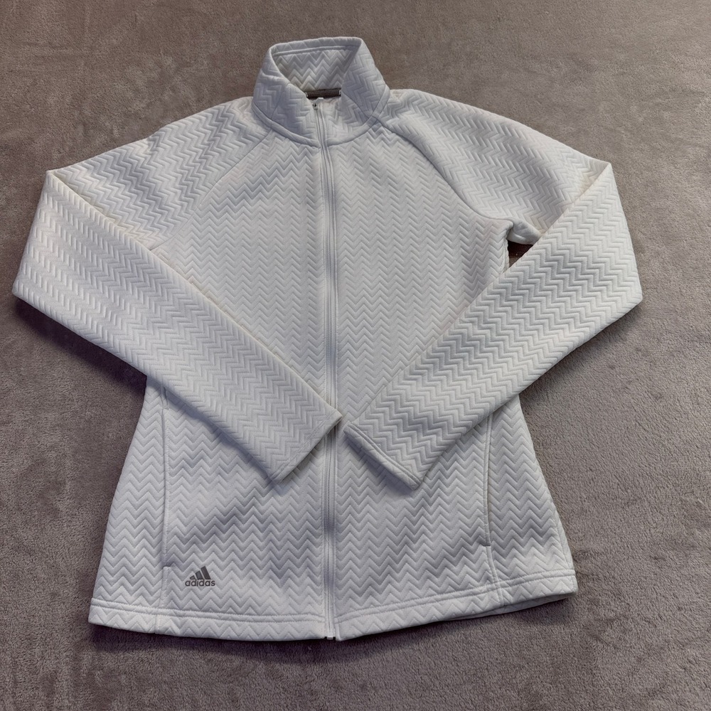 Adidas Shirt Womens XS Full Zip Jacket White Textured Chevron Thumbhole Athletic